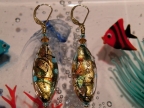 Gold Foil Navette Earrings, 30x13mm, Topaz-Lagoon-Green-Aventurina